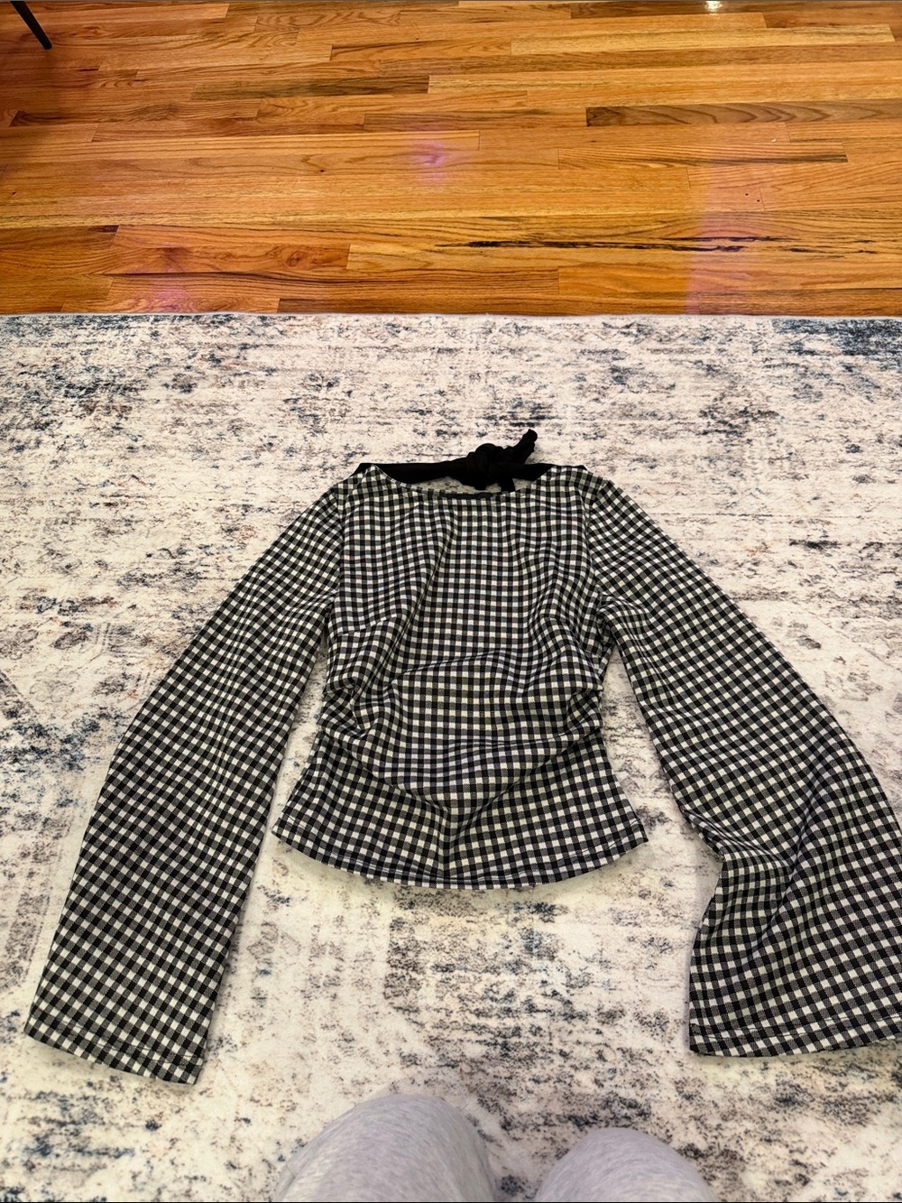 Cider Black & White Gingham Long-Sleeve Tie-Neck Blouse